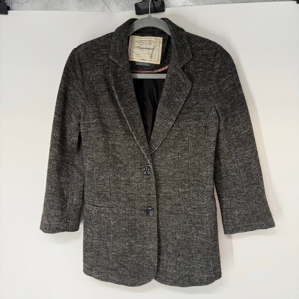 Cartonnier Anthropologie Marled Two Button Blazer Jacket Womens Sz S Black Tweed